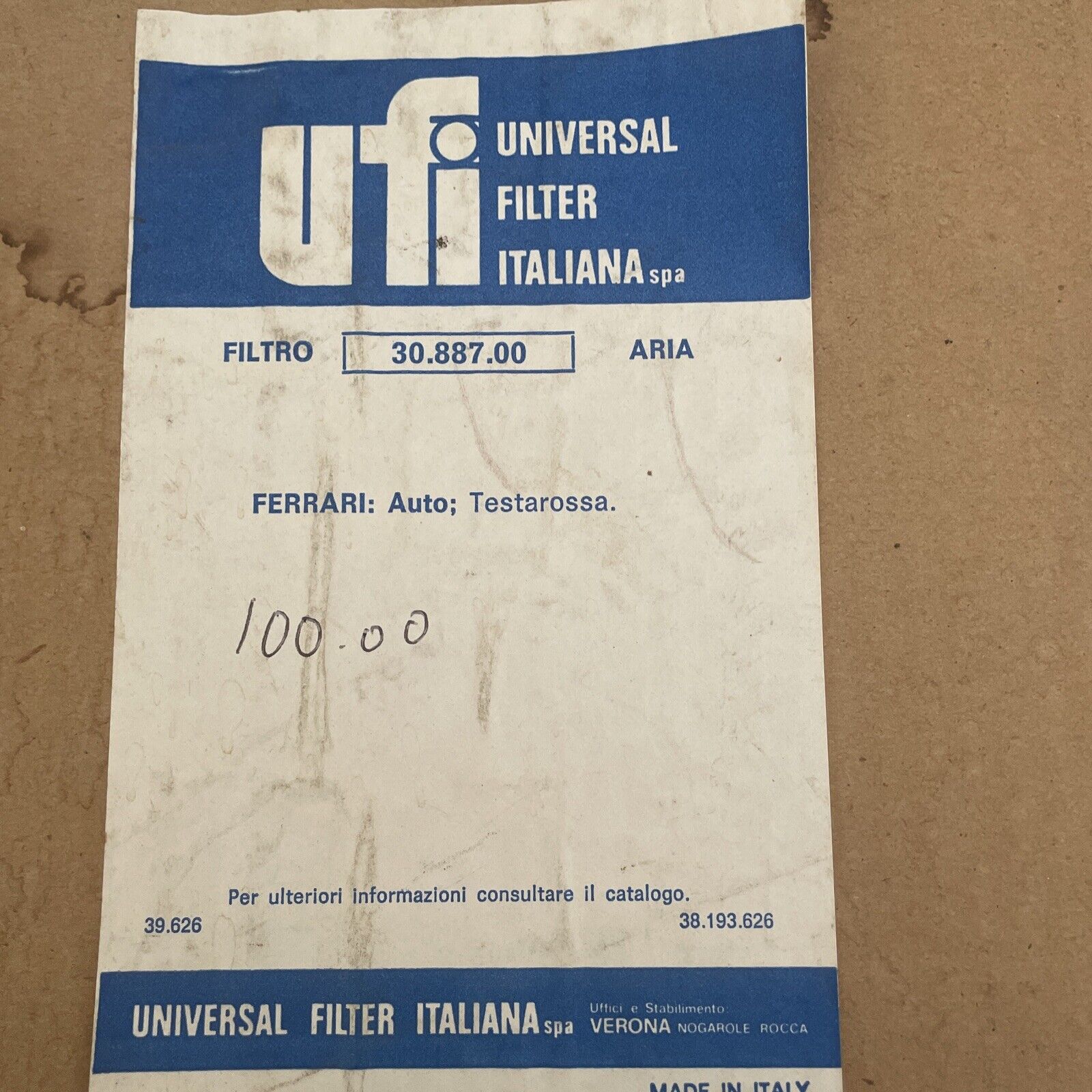 Testarossa Air Filter Universal filter Italy part number 30. 887. 00