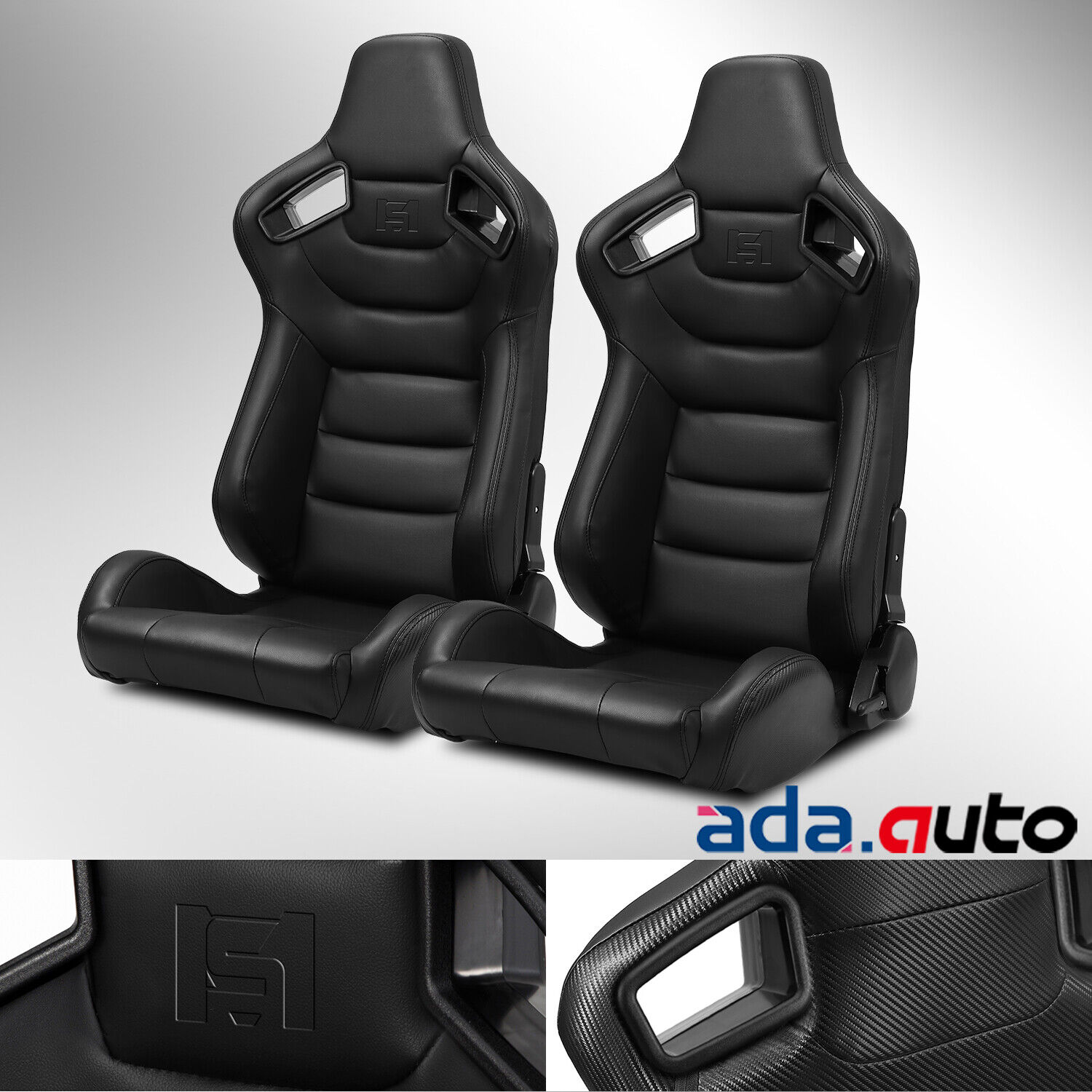 JDM Reclinable PVC Main Black Carbon Fiber Style Leather Racing Seats w/Slider