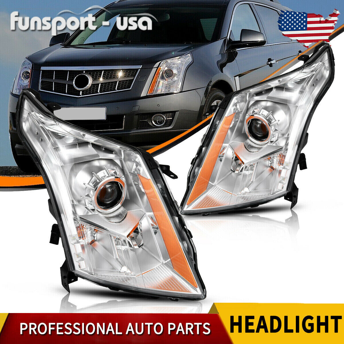 Halogen Projector Headlights Chrome Housing For 2010-2016 Cadillac SRX Headlamps
