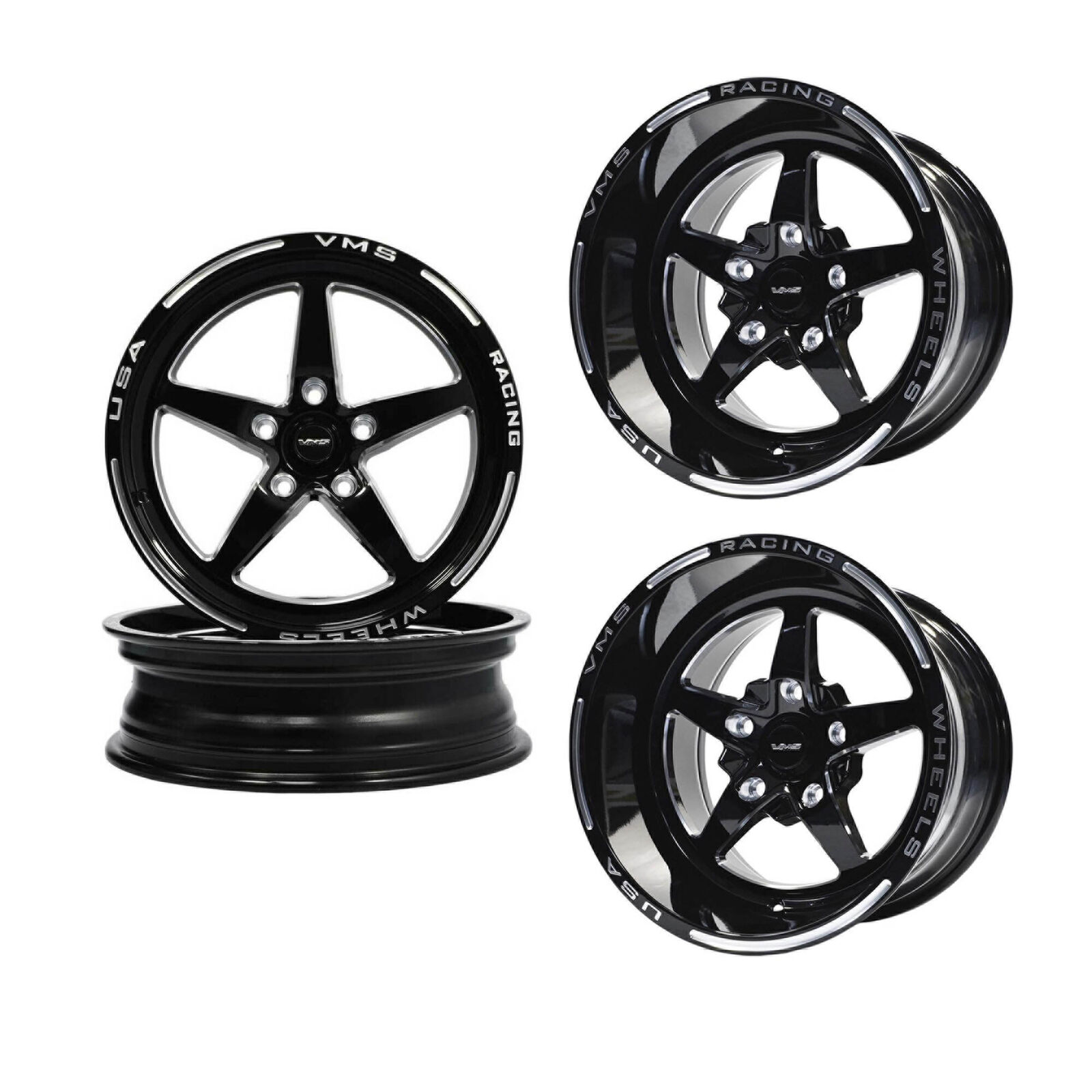 VMS Black V Star Drag Pack Wheels 15x10 & 17x4.5 5X120 +25 ET (5x4.75\