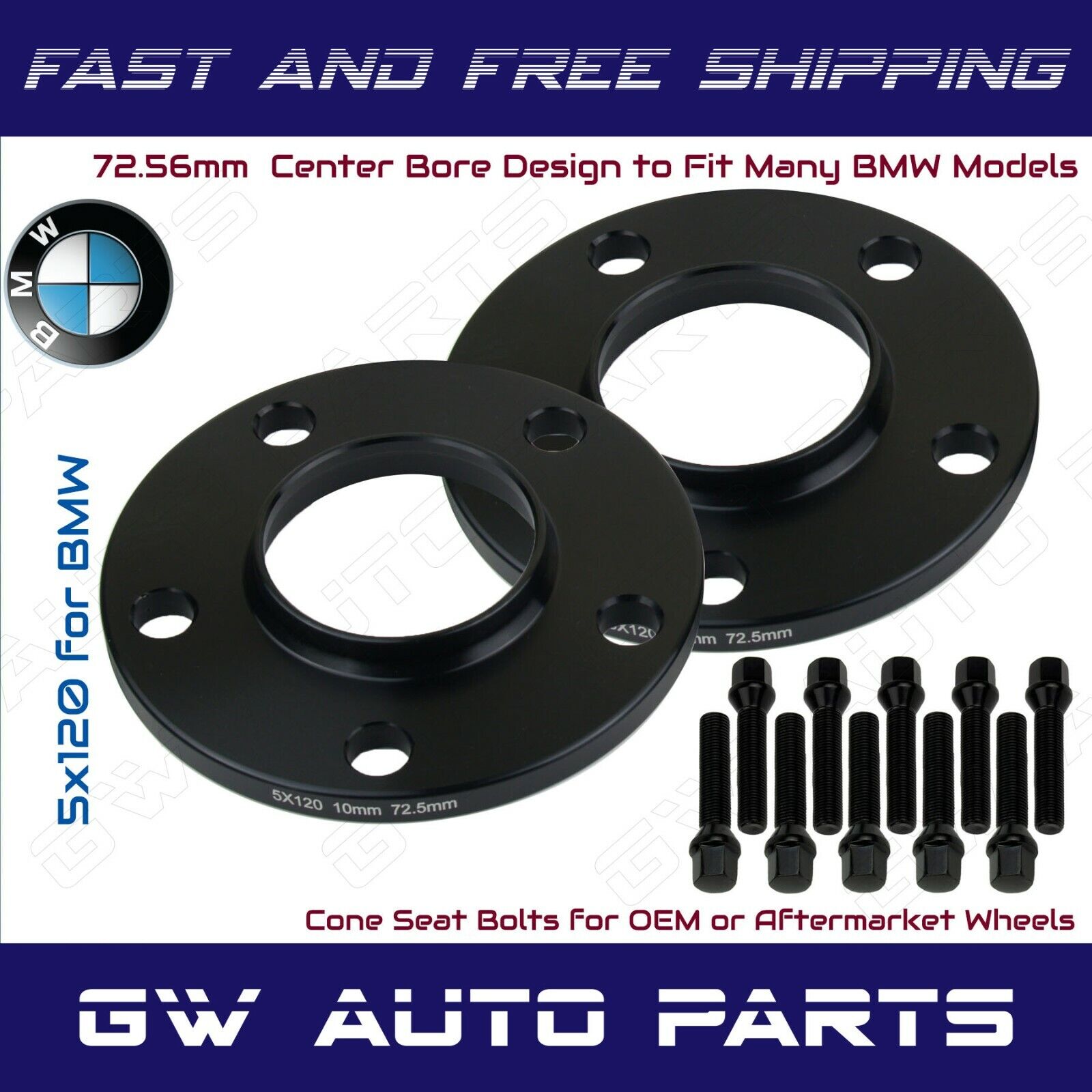 2Pc Black Anodized BMW 5x120 Wheel Spacers Kit 10mm Thick I.D 72.56mm With Bolts