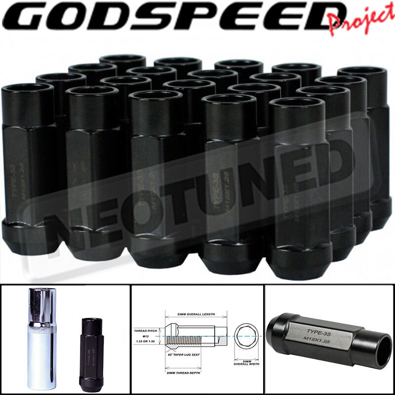 GODSPEED Black M12 X 1.25mm Type3-X 55MM Steel Wheel Lug Nuts For WRX STI 240sx
