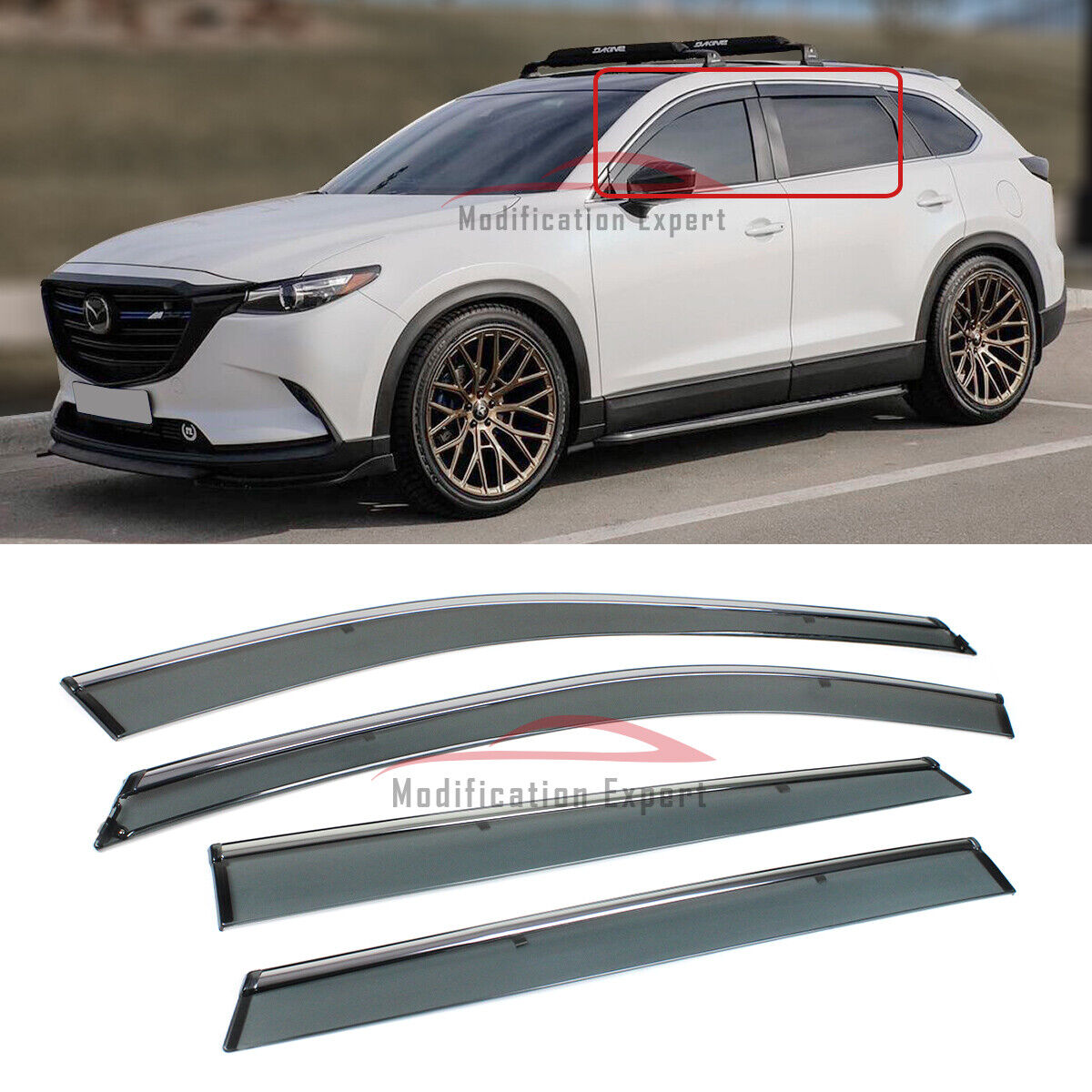 For 2016-2021 Mazda CX-9 CX9 Chrome Trim Smoked Tinted Window Visor Rain Guard