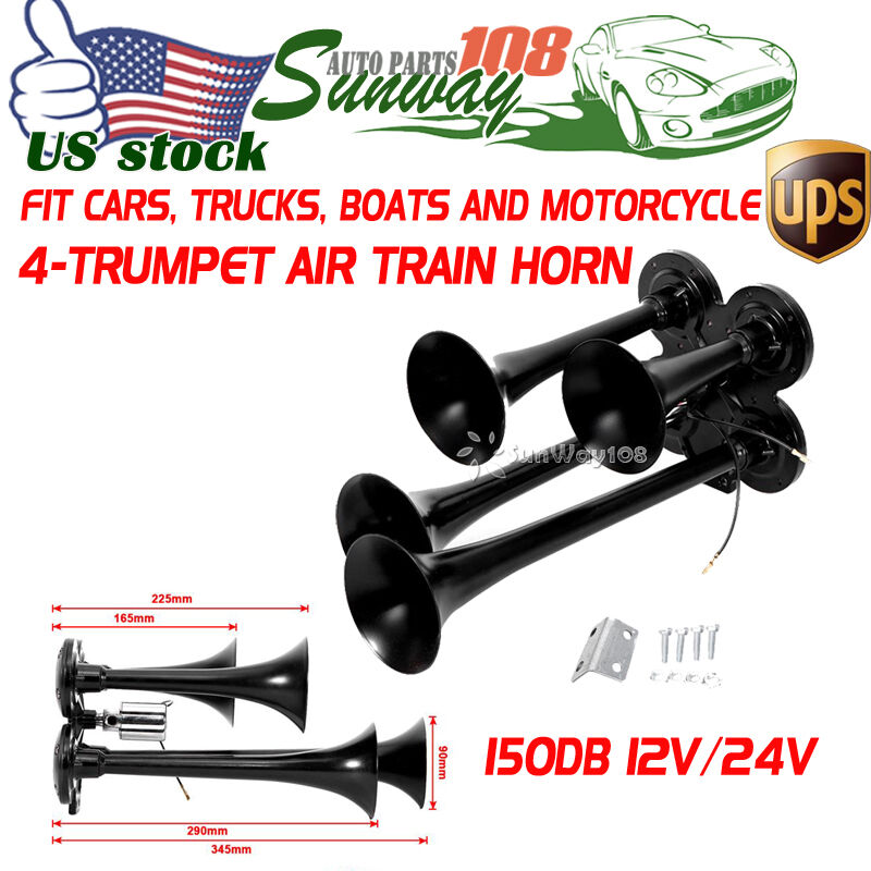Super Loud BLACK 12V 24V 150DB Car Truck Boat 4 Trumpet Train Air Horn Durable