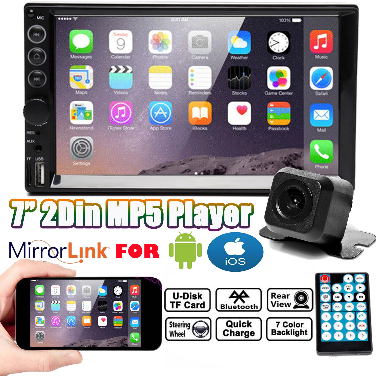 7'' Double 2 DIN Car Radio Video Player Mirror Link For GPS Navi Android iOS+Cam