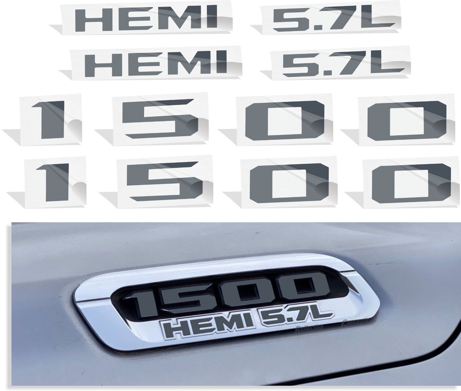 1500 HEMI 5.7L Hood Emblem Overlay Decals for 2019 2020 2021 2022 2023 2024 Ram