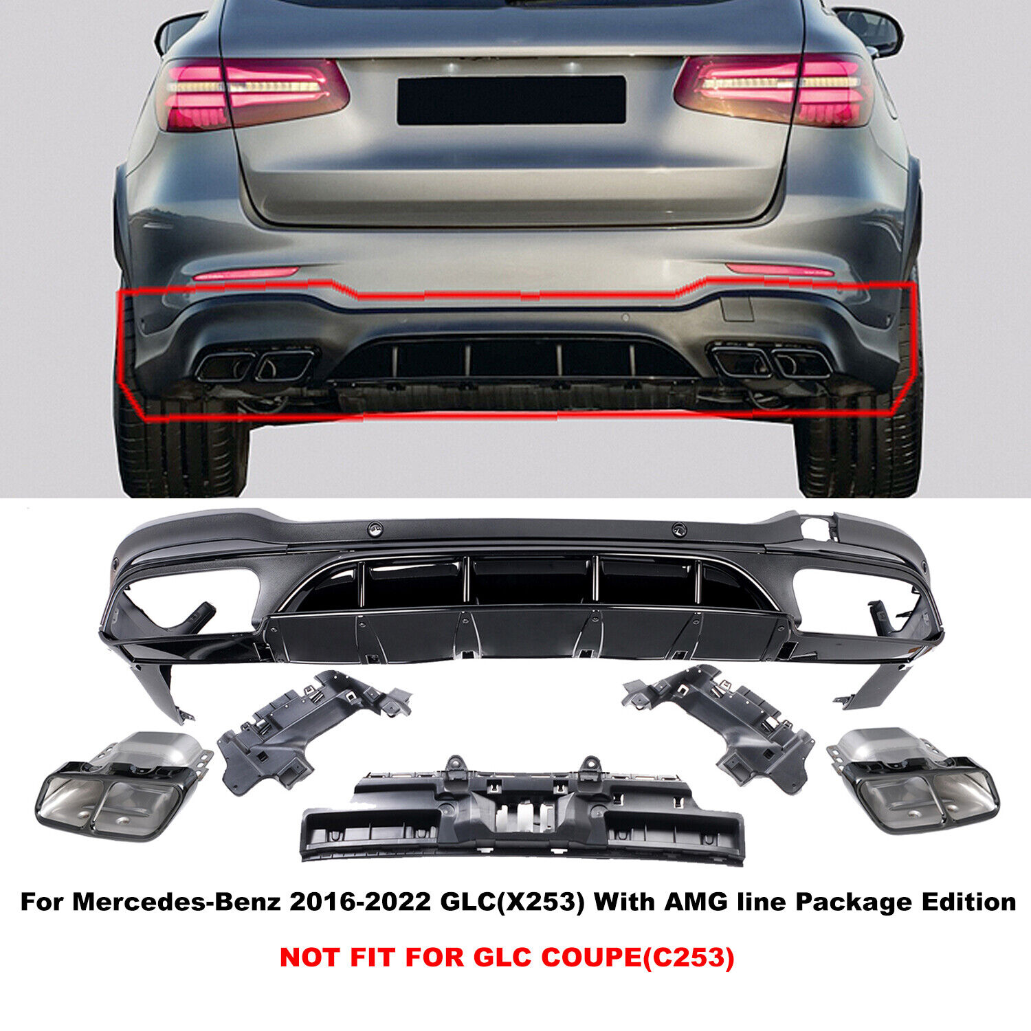 For Mercedes-Benz GLC X253 2016-2022 AMG63 Style Rear Bumper Diffuser W/ Exhaust