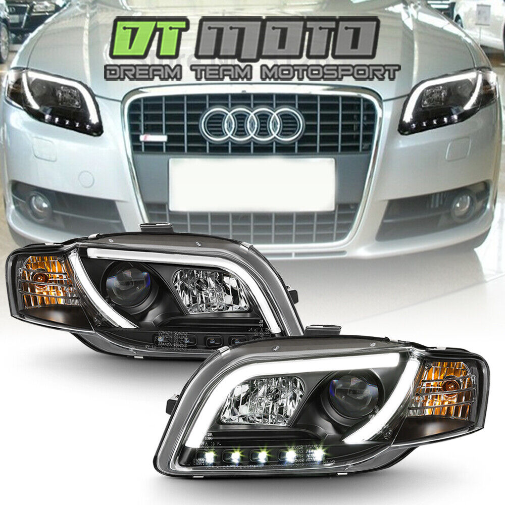 Black 2006-2008 Audi A4 [R8 LED Strip] DRL Lights Projector Headlights Headlamps