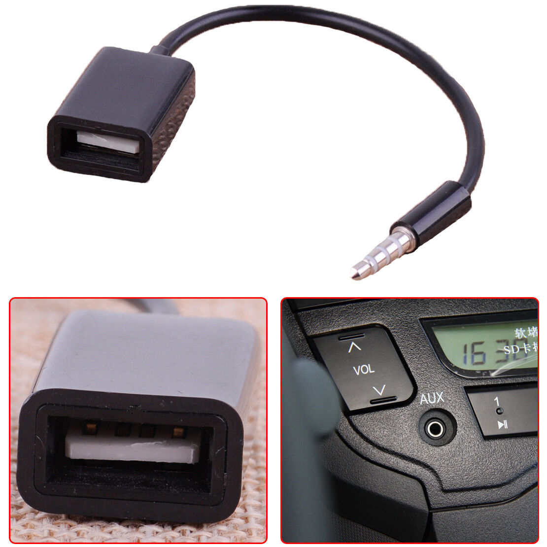 Black 3.5mm AUX MP3 Male Audio Plug Jack To USB 2.0 Female Converter Cord Cable