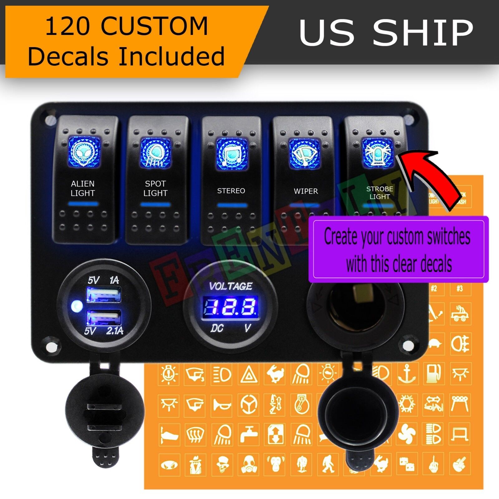 5 Gang ON-OFF Toggle Switch Panel 2USB 12V for Car Boat Marine RV Truck Camper