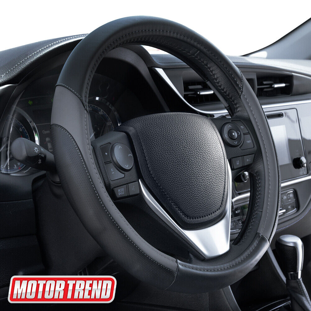 Motor Trend Sport Drive Leather Steering Wheel Cover (Dark Gray / Black)