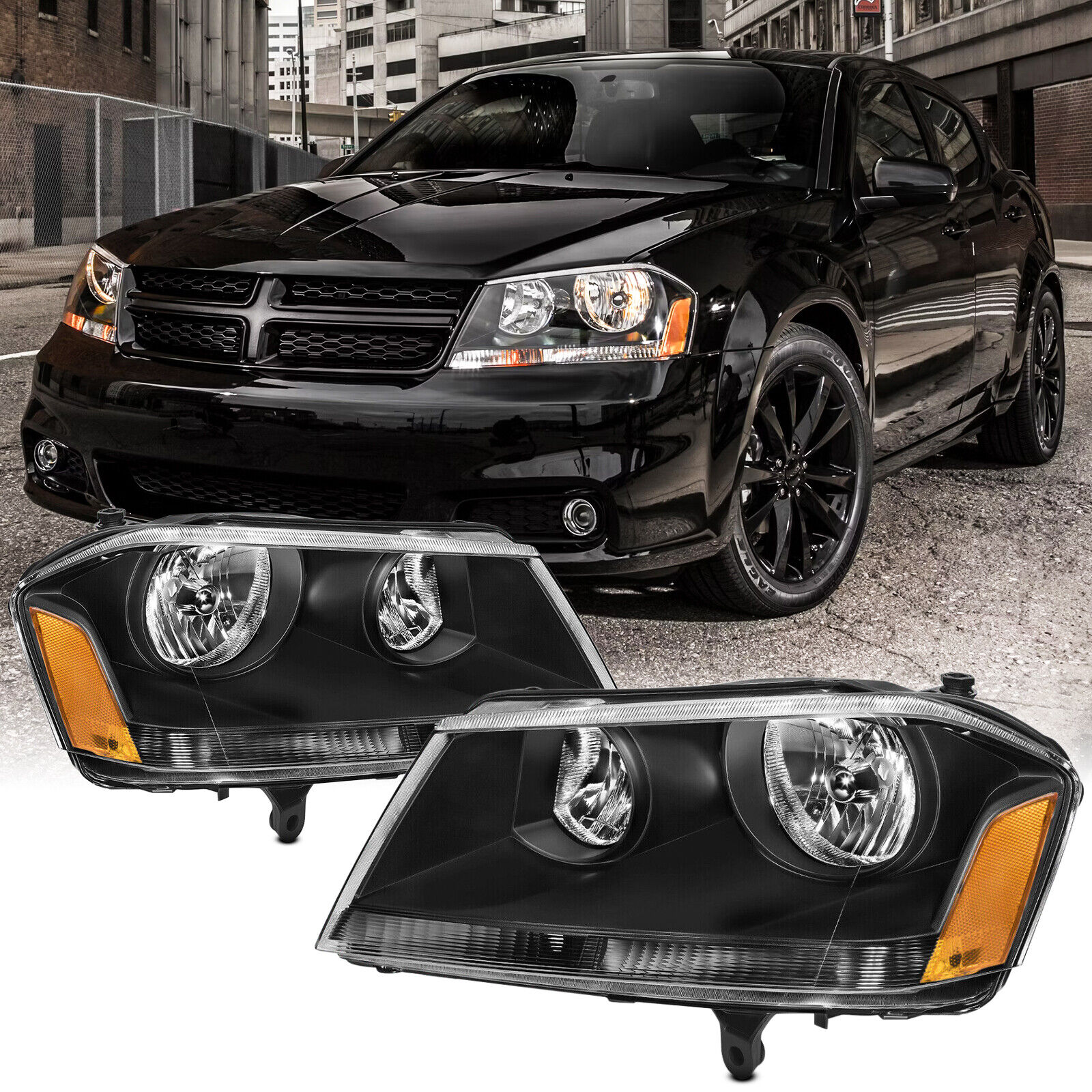 For 2008-2014 Dodge Avenger Headlights Assembly Black Housing Amber Corner