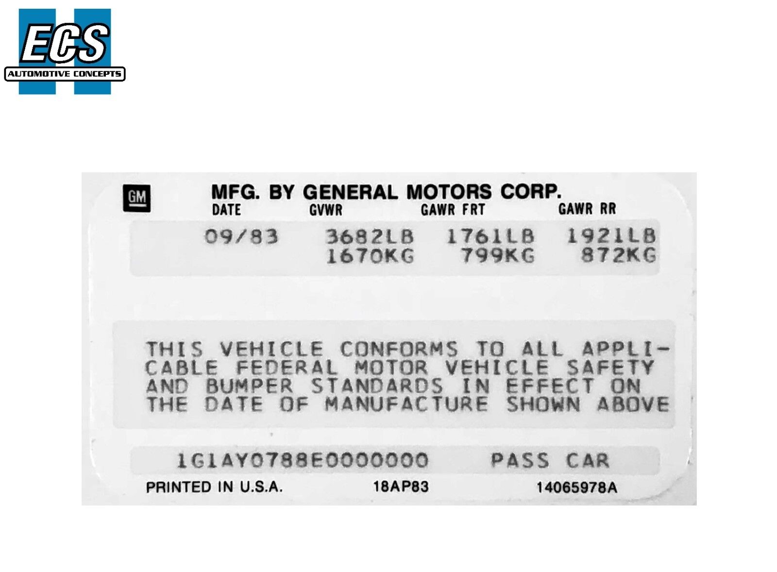 1984 GM VIN Door Decal Sticker Date & VIN Printed Z28 SS 442 Corvette Regal