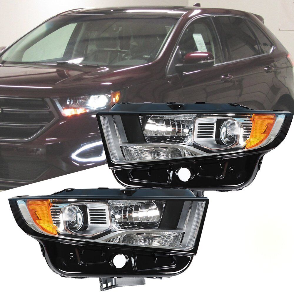 Headlight Headlamp Chrome Housing Pair For 2015-2018 Ford Edge Halogen Projector