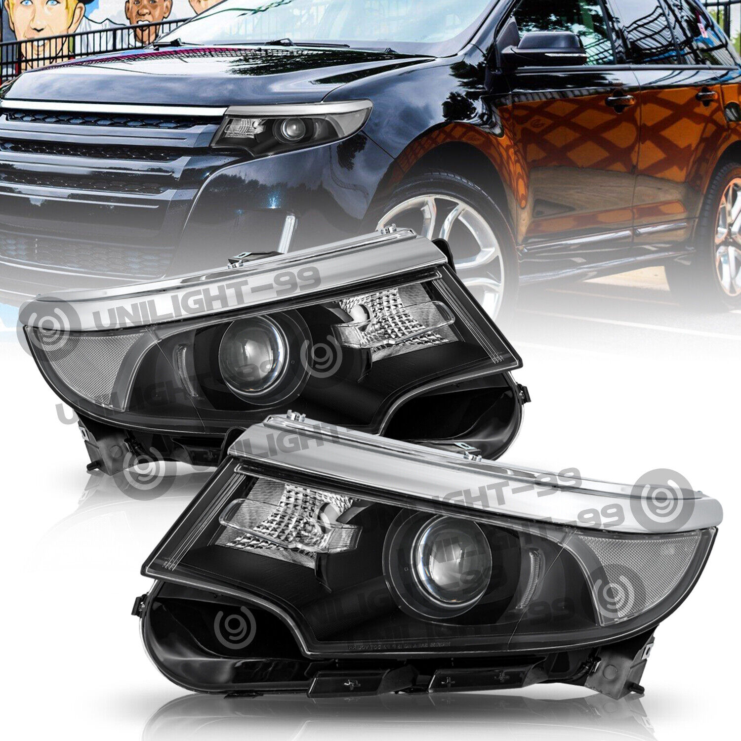 Halogen Model For 2011 2012 2013 2014 Ford Edge Black Headlight Headlamp Pair