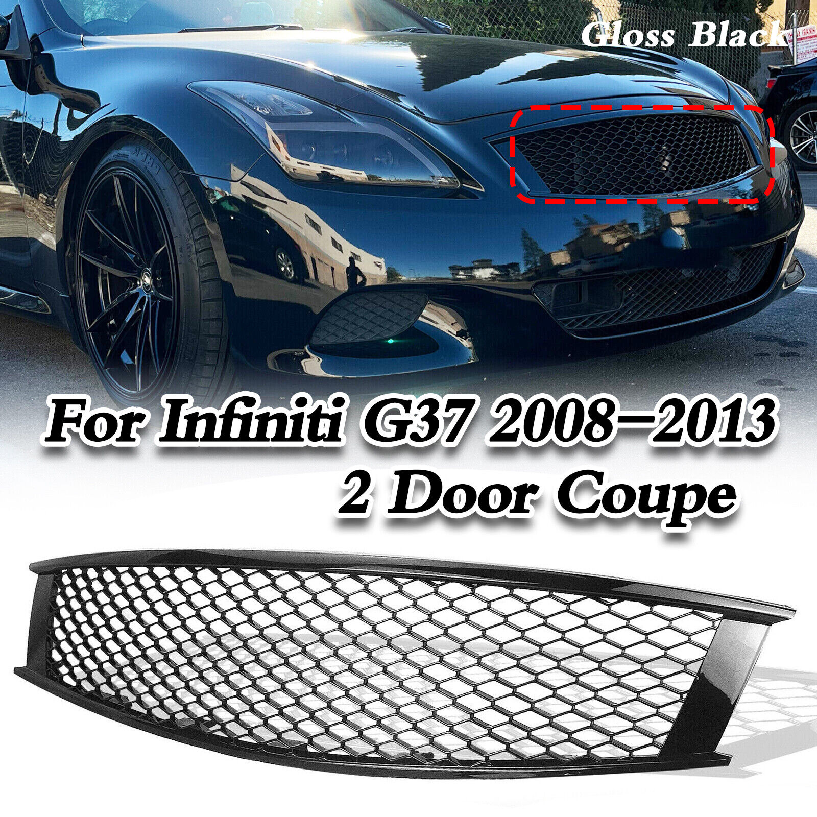 Gloss Black Honeycomb Style Front Bumper Grille For Infiniti G37 2008-2013 2Door
