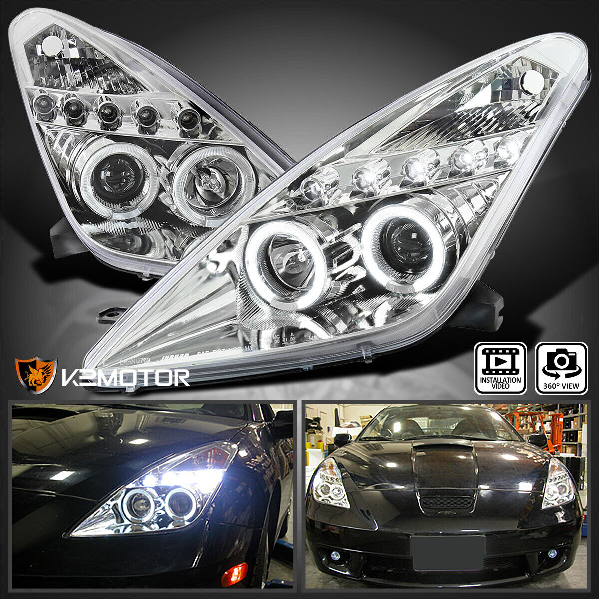 Clear Fits 2000-2005 Toyota Celica LED Halo Projector Headlights Lamps L+R 00-05
