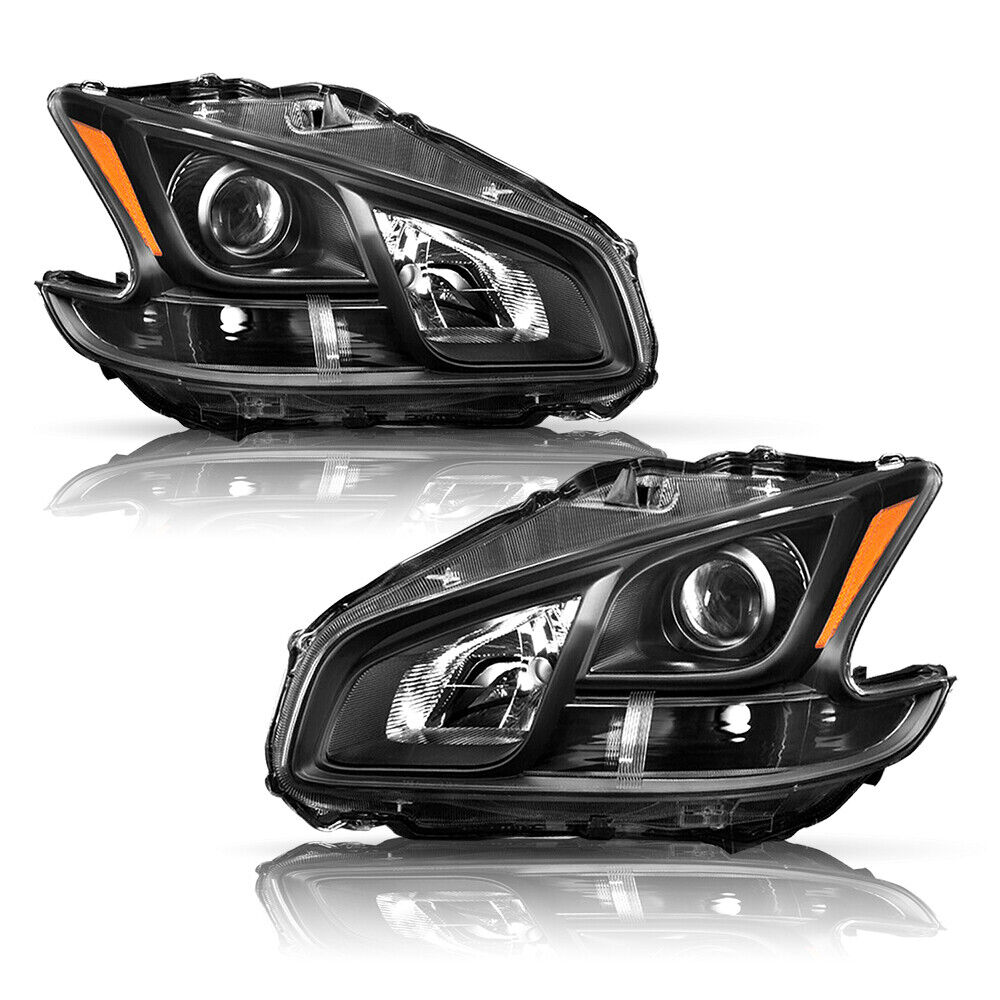 For 2009-2014 Nissan Maxima Black Halogen Headlights Amber Corner Headlamps L+R