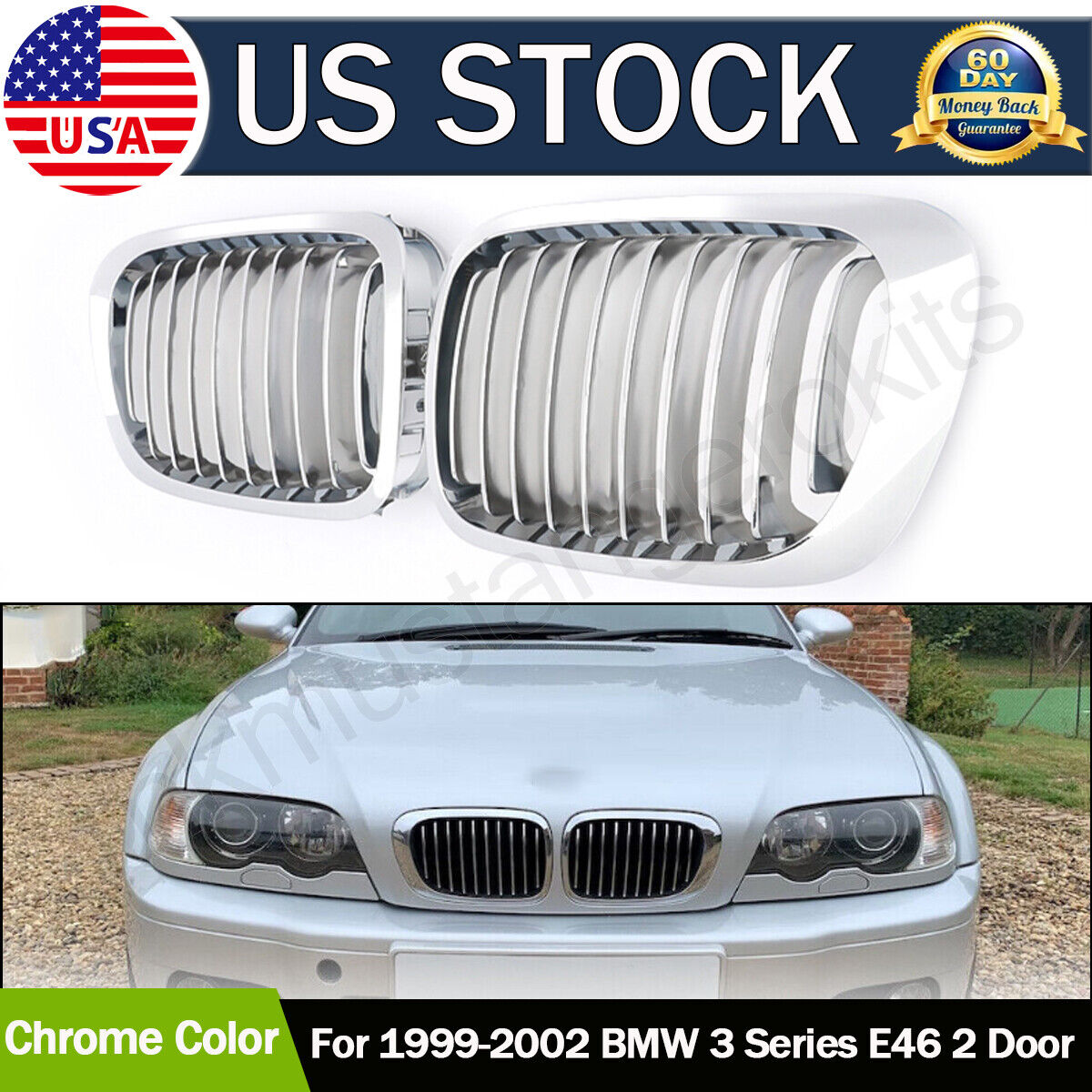 Chrome Front Kidney Grille For 99-02 BMW E46 3 Series 325Ci 328i 330Ci Coupe/2Dr