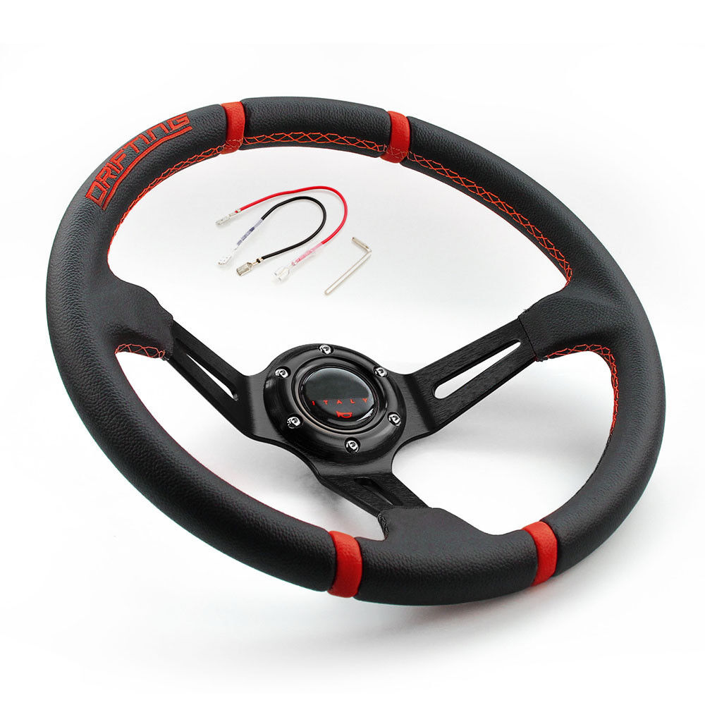 BLACK 350mm Deep Dish Real Leather Racing Drifting Off Road Sport Steering Wheel