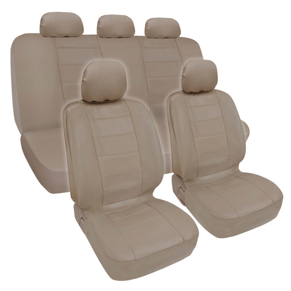 PU Synthetic Leather Beige Car Seat Cover Genuine Leather Feel Front & Rear Set