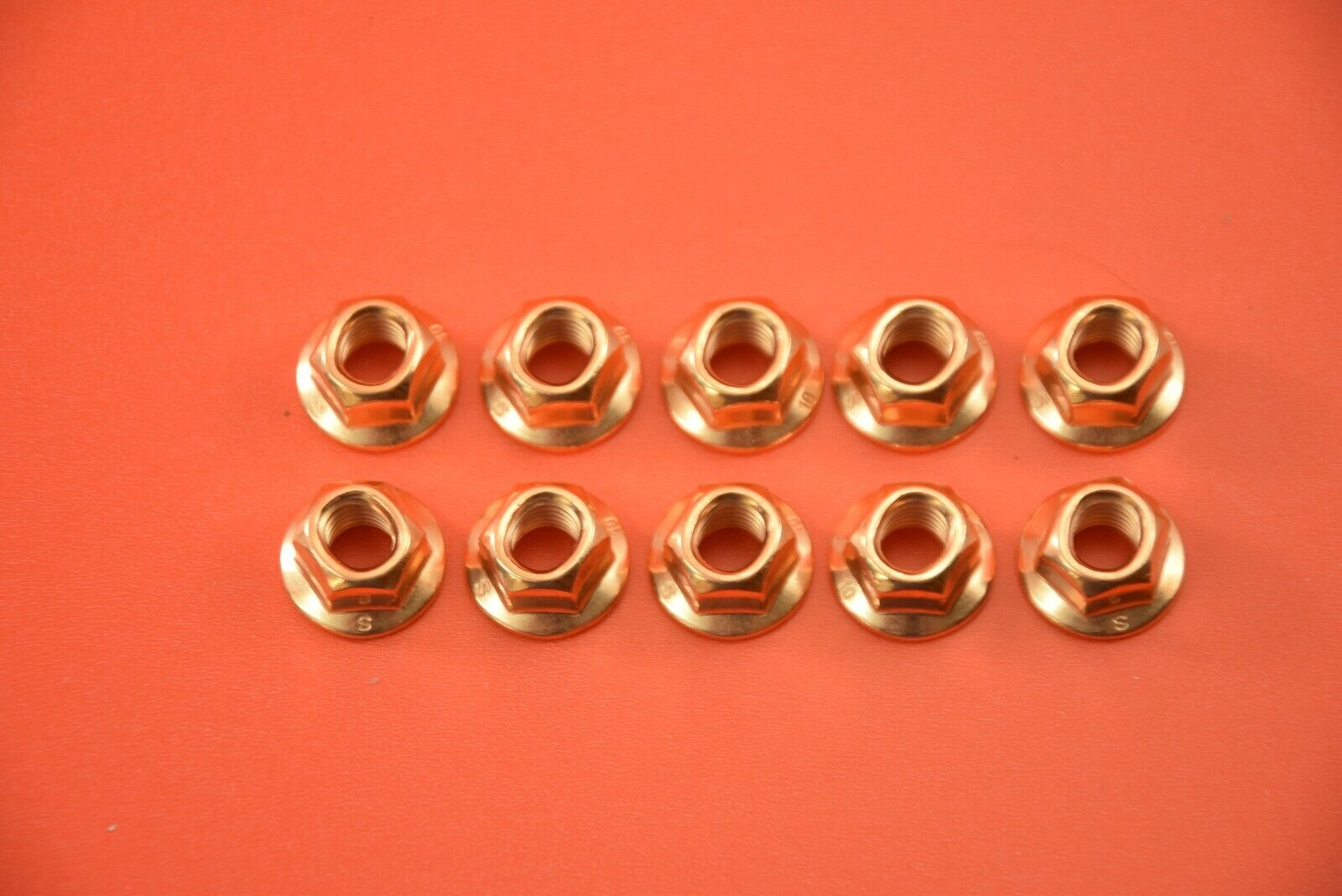 (10) COPPER EXHAUST FLANGE NUTS HIGH HEAT M8X1.25 CRIMPED CRUSHED SHOULDERED
