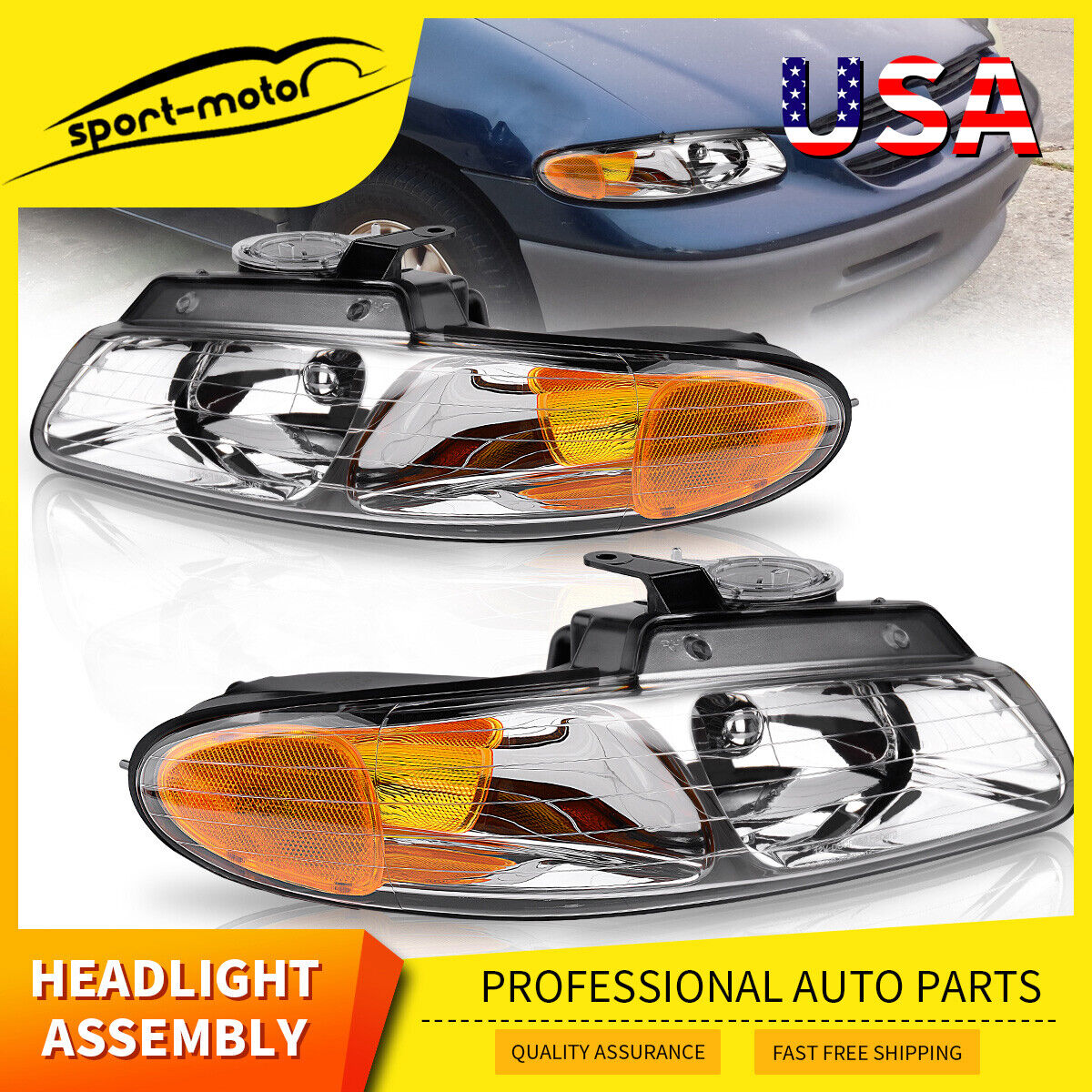 Headlights LH+RH Fit for 1996-2000 Dodge Caravan Chrysler Town & Country Voyager