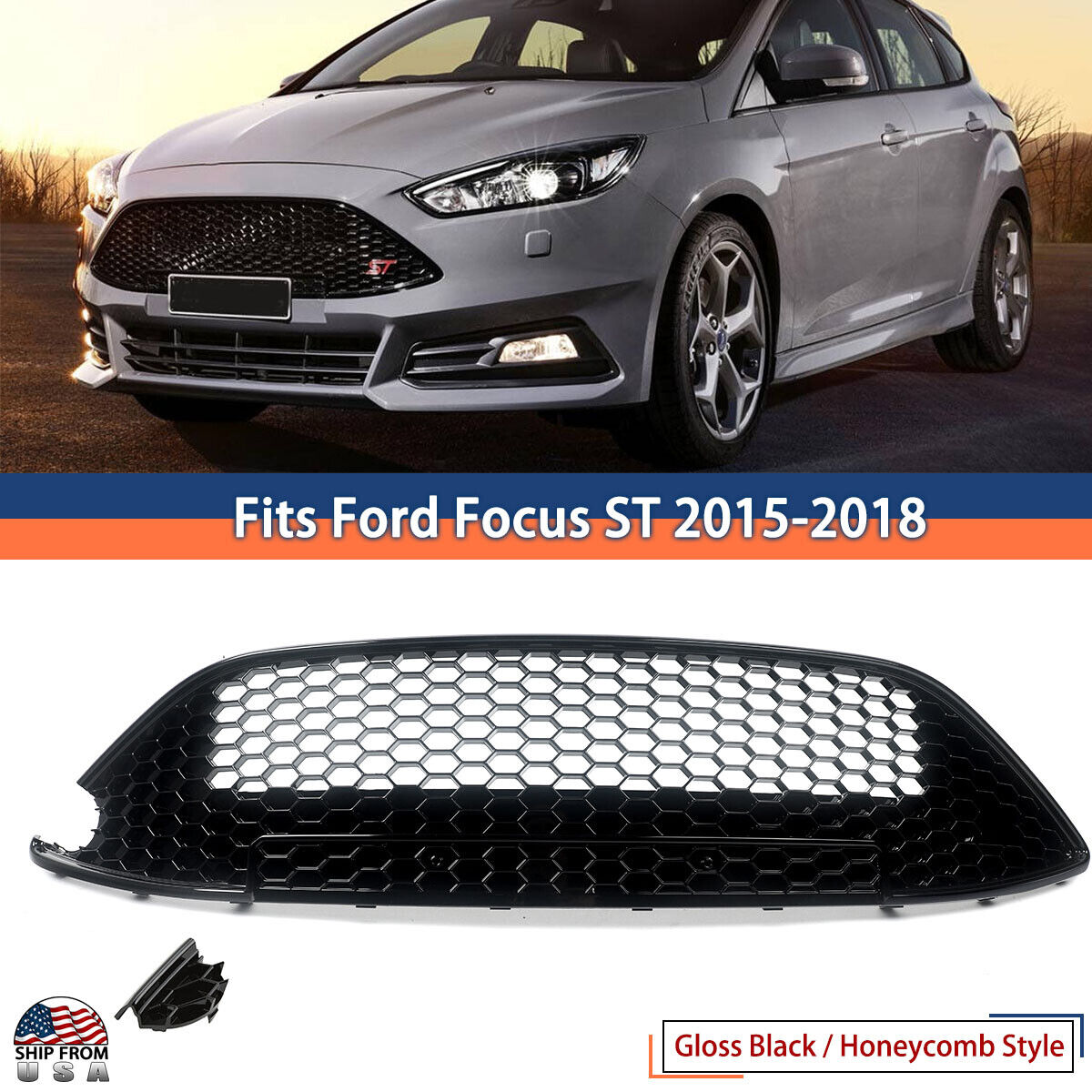 Front Bumper Upper Grille For 2015-2018 Ford Focus ST Gloss Black Honeycomb Mesh