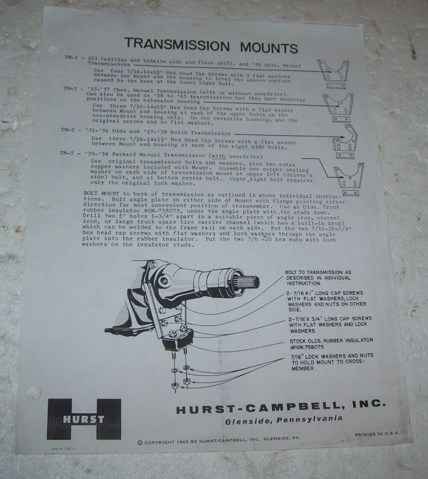 HURST TRANS MOUNT INFO- CAD-LASALLE- PACKARD- 51-56 OLDS- 55-57 CHEVY -50 OLDS