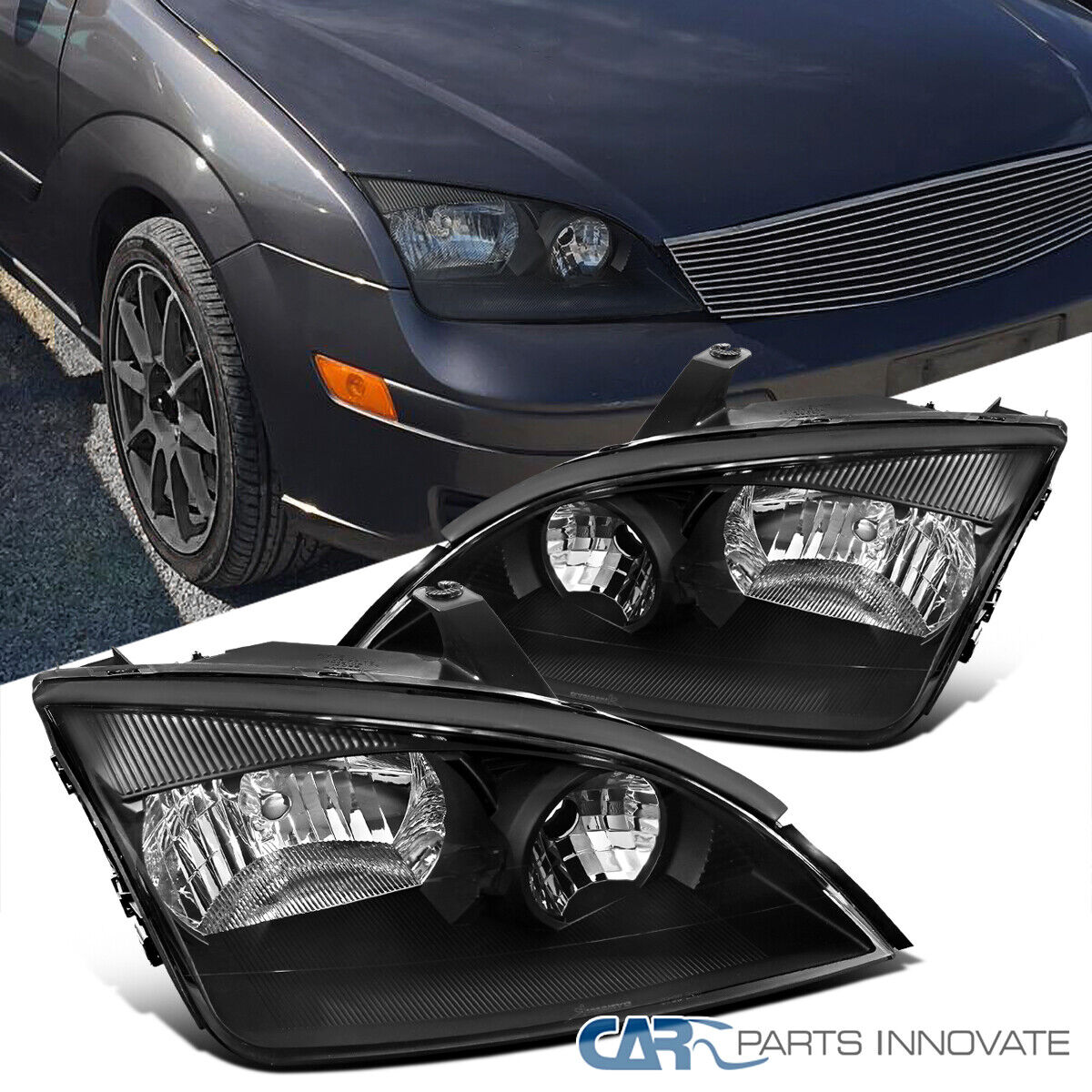 Fits 05-07 Ford Focus ZX4 ST Replacement Black Clear Headlights Lamps Left+Right