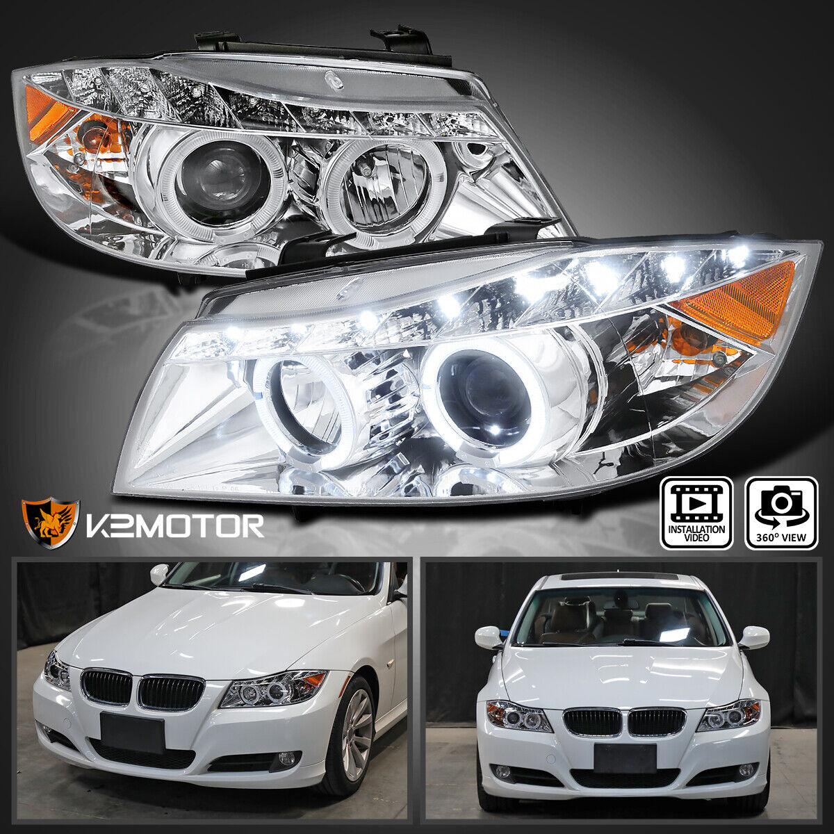 Fits 2006-2008 BMW E90 323i 335i 3 Series LED Halo Projector Headlights 06-08