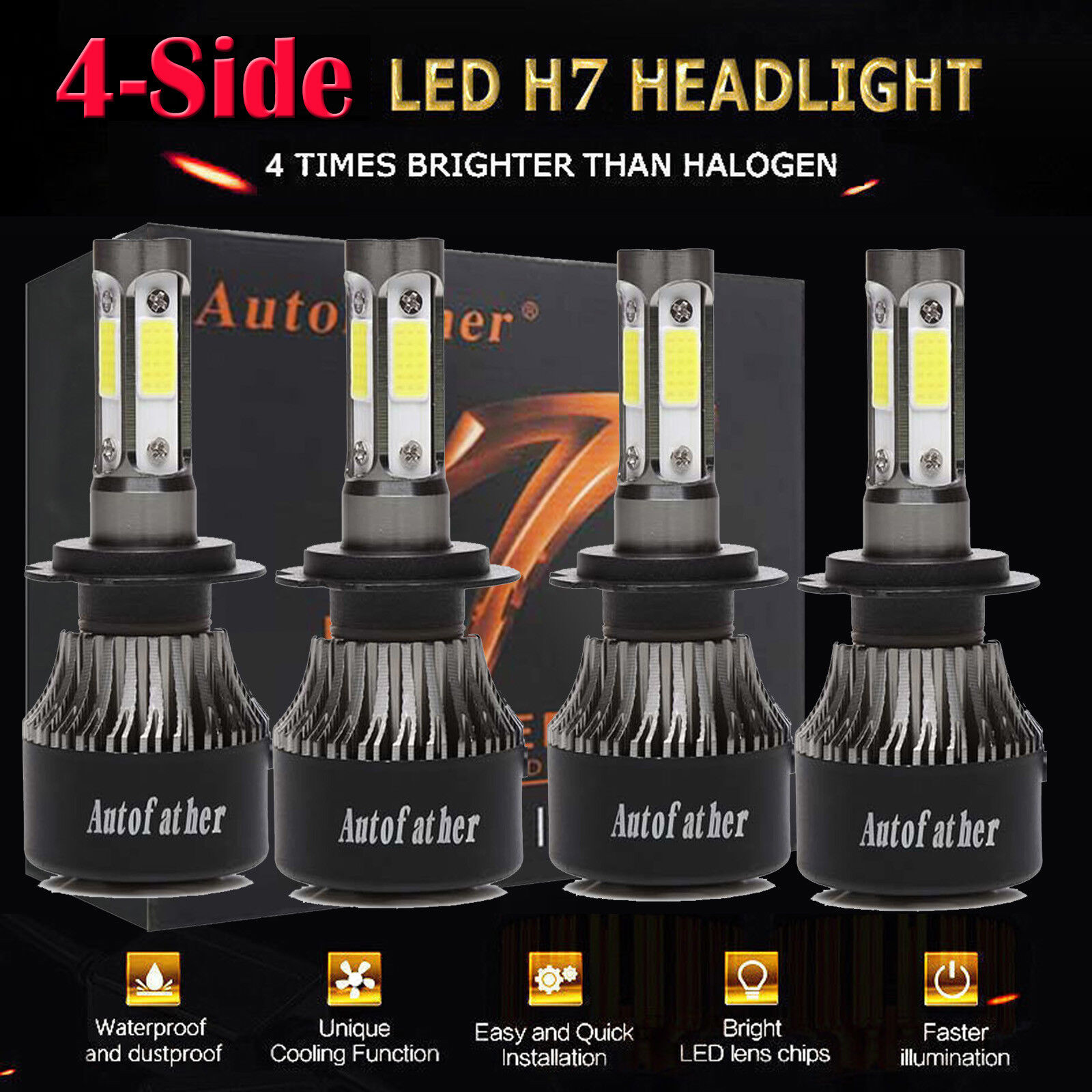 H7 + H7 4Pcs LED Headlight Kit 320W 32000LM High Low Beam Bulb 6000K Xenon White