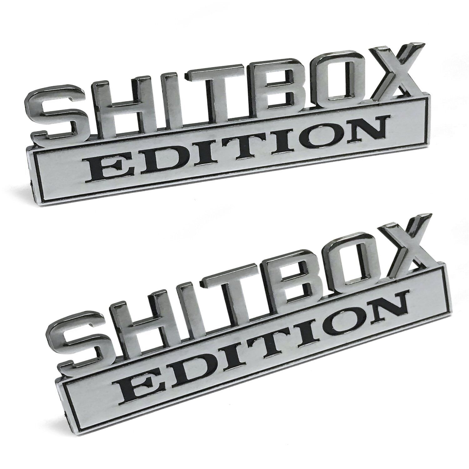SHITBOX EDITION PAIR CAR EMBLEMS Chrome Metal Badges suit CHEVY or F-150 NEW