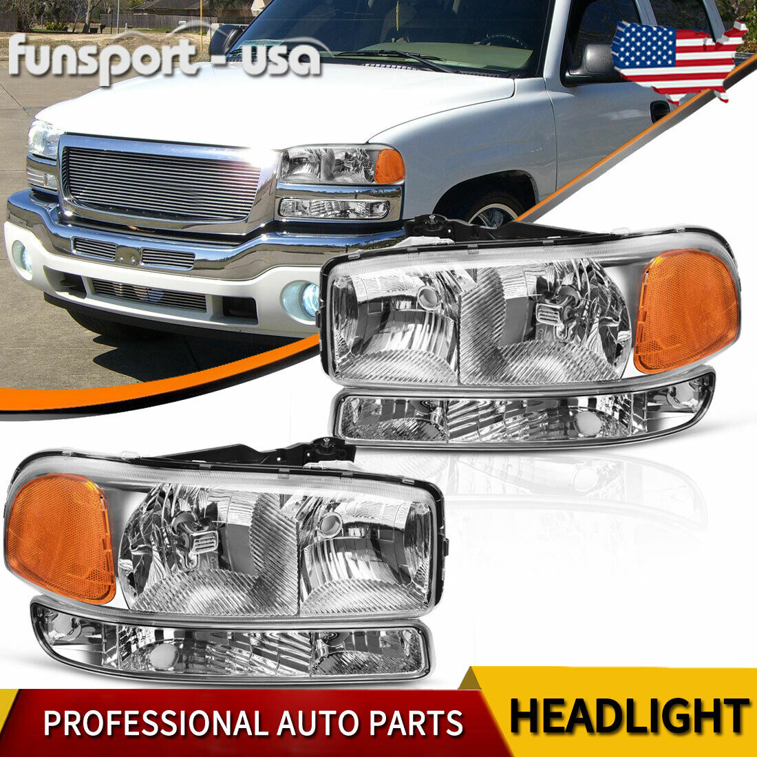 Headlights + Bumper Lamps For 1999-2007 GMC Sierra 1500 2500 2000-2006 Yukon XL