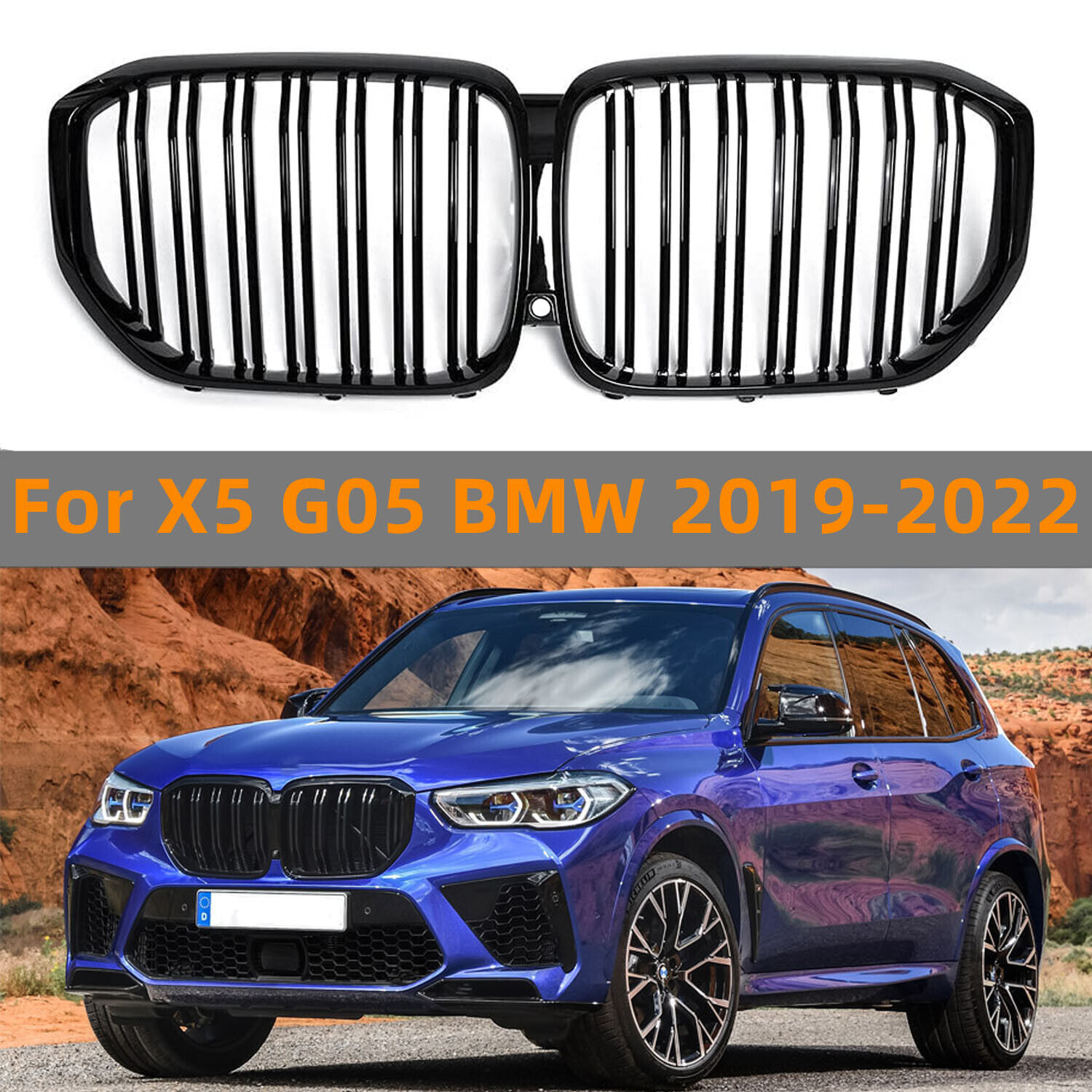 Front Kidney Grille For X5 G05 BMW 2019-2022 Grill Double Slats Gloss Black