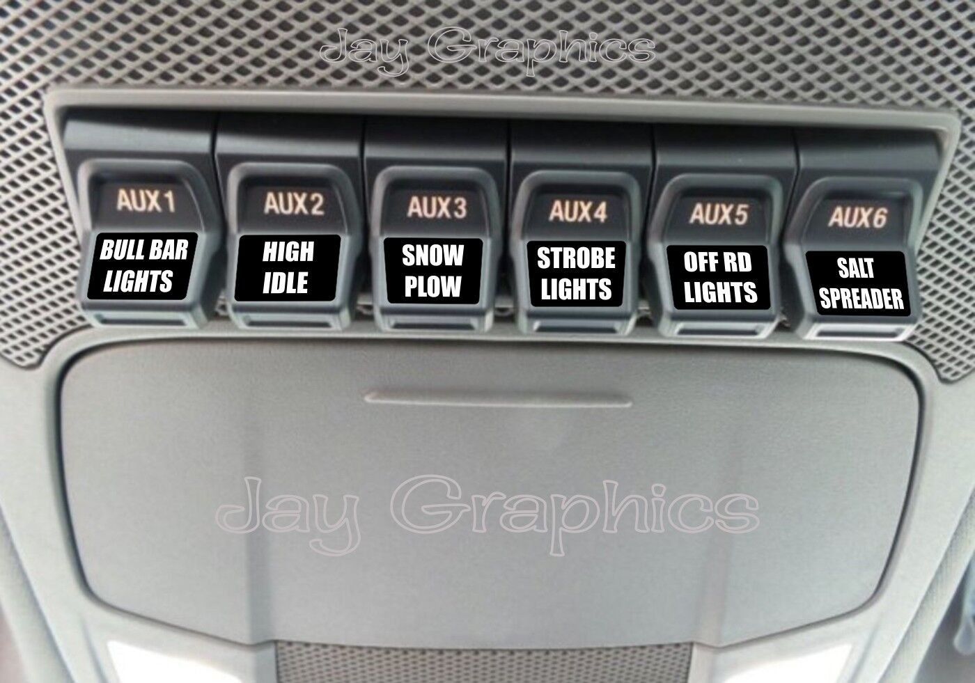 Custom Upfitter AUX Switch Decals Stickers \\ Fits: Ford F250 F350 Super Duty