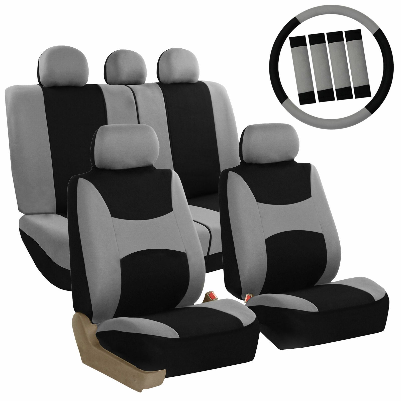 Car Seat Covers for Auto Full Set Gray w/Steering Wheel/Belt Pad/5Head Rest