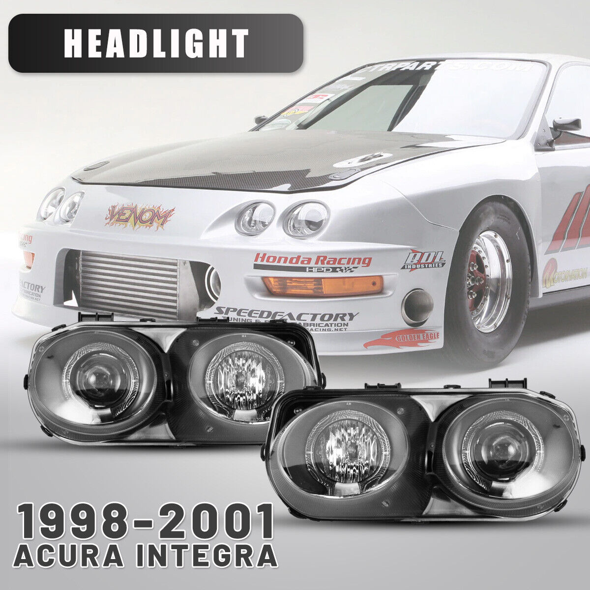 For 98-01 Acura Integra Headlights JDM Halo Projector Front Lamps Black/Clear