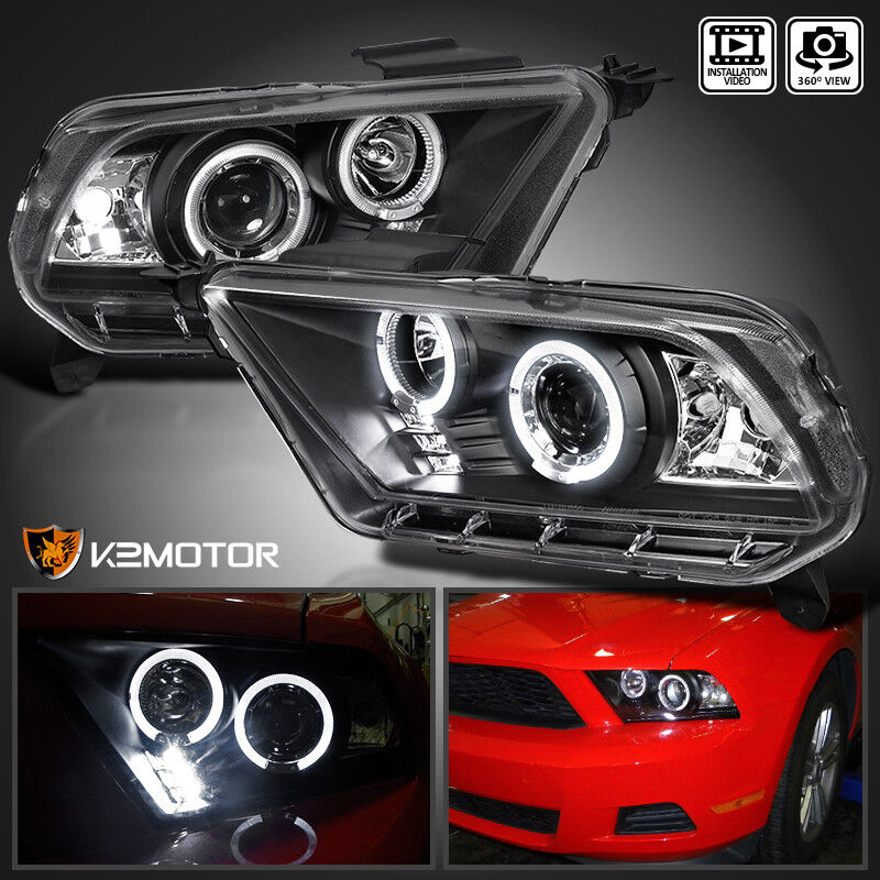 Fits 2010-2014 Ford Mustang Black LED Halo Projector Headlights Lamps Left+Right