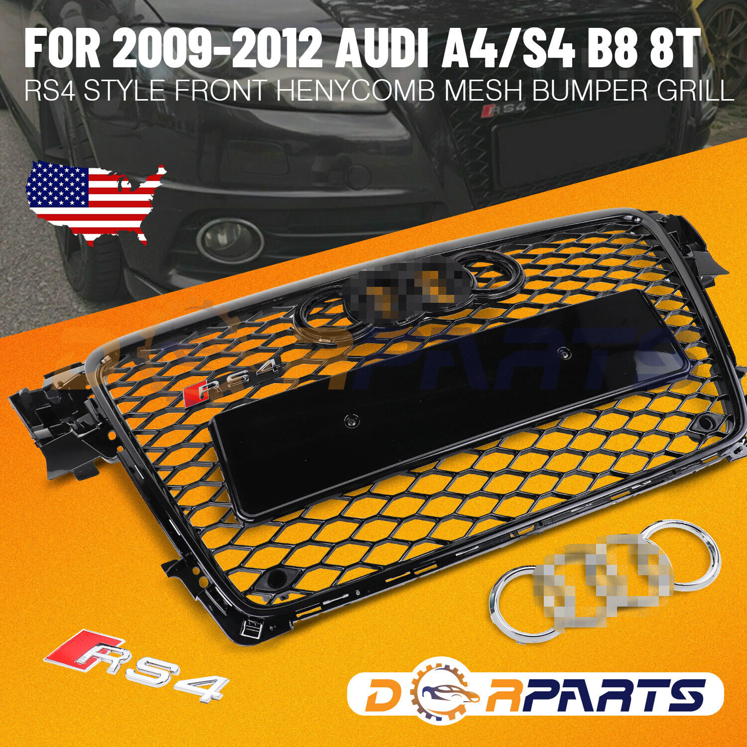 Honeycomb Sport Mesh RS4 Style Hex Grille Grill fits for 09-12 Audi A4/S4 B8 8T