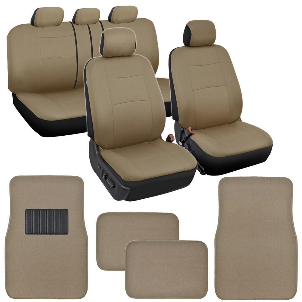 Car Seat Covers Set All Beige w/ 4 PC Carpet Padded Floor Mats for Auto Interior