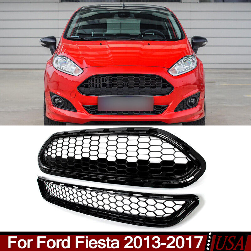 For Ford Fiesta 2013-17 Honeycomb ST Style Front Upper Lower Grille Gloss Black