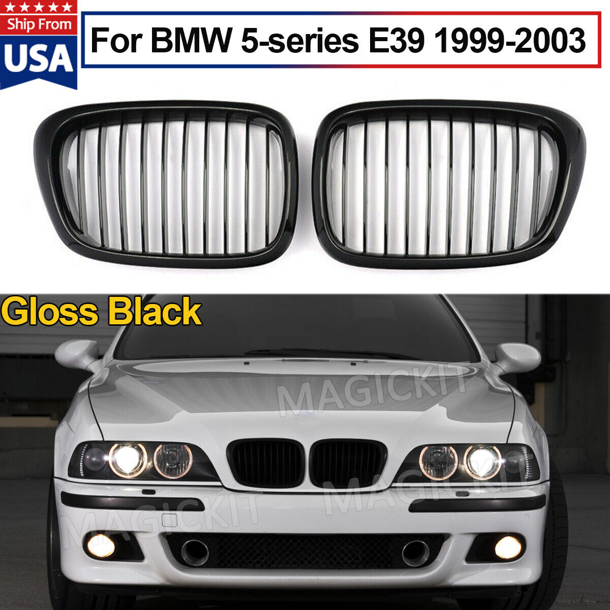 Front Kidney Grille Gloss Black For 1999-2003 BMW E39 5 Series 528i 525i 540i
