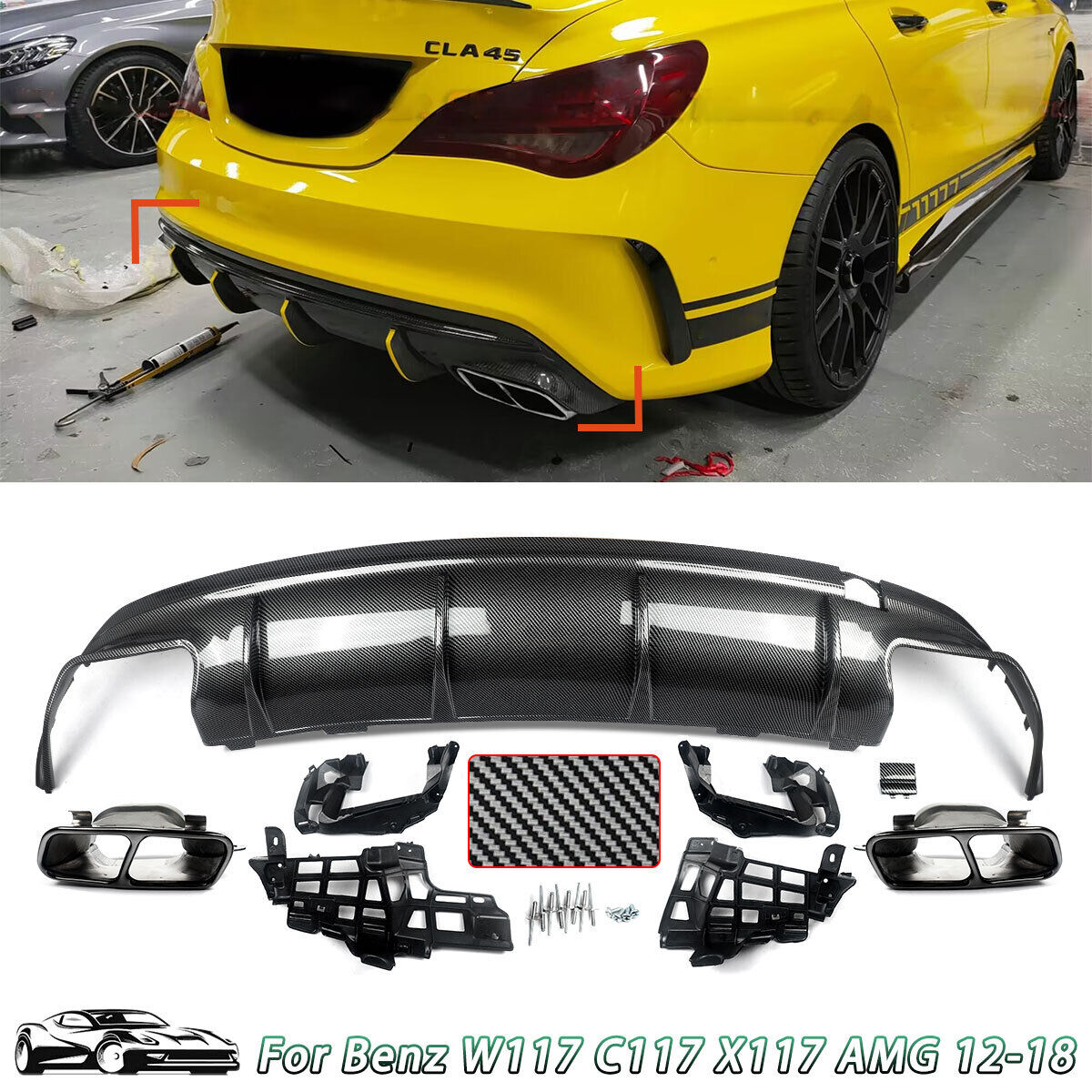 Carbon Look Rear Diffuser Lip for Mercedes W117 C117 AMG CLA45 Style w/ Exhaust