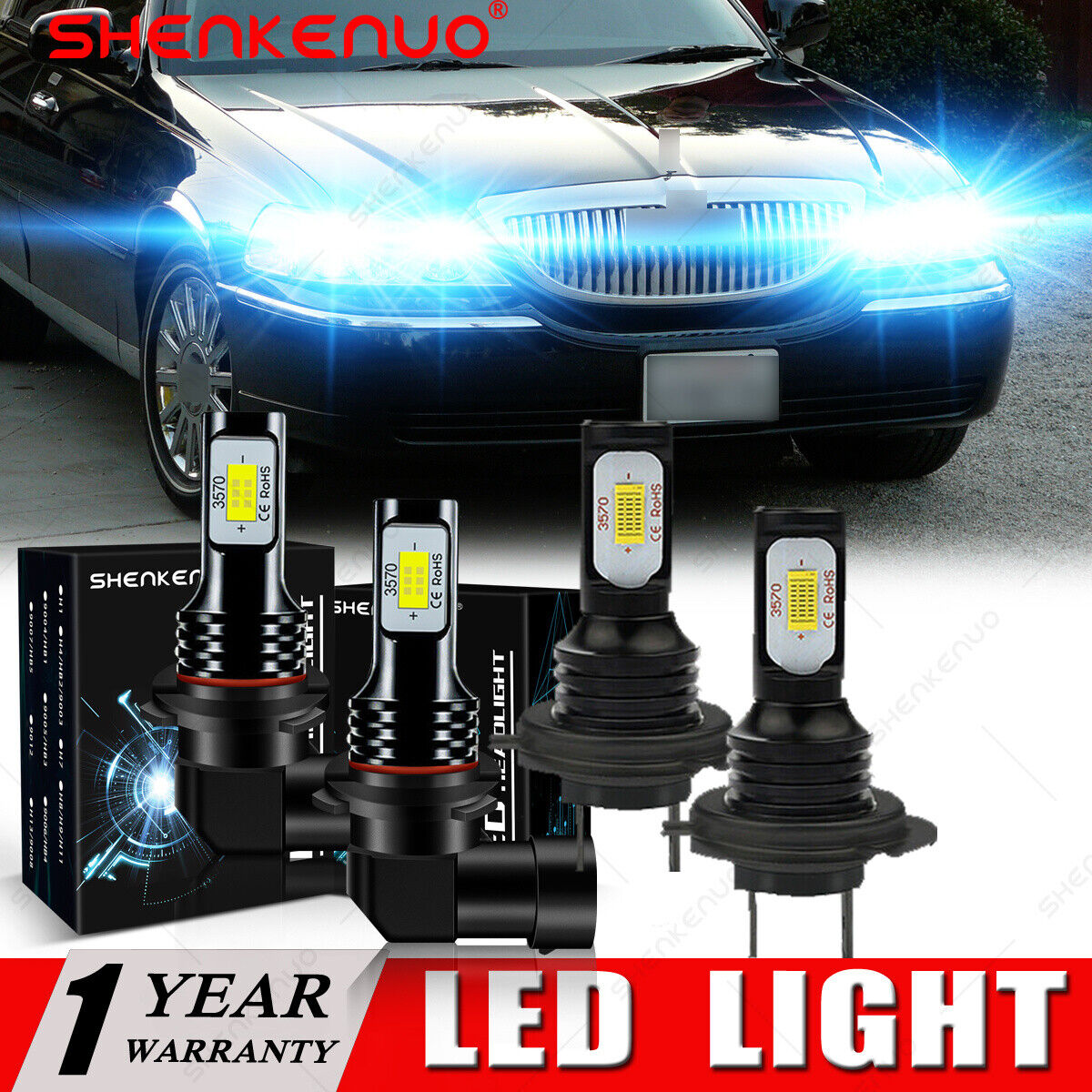 For Lincoln Town Car 2003-2011 High/Low Beam LED Headlight Bulbs 8000K Combo Kit