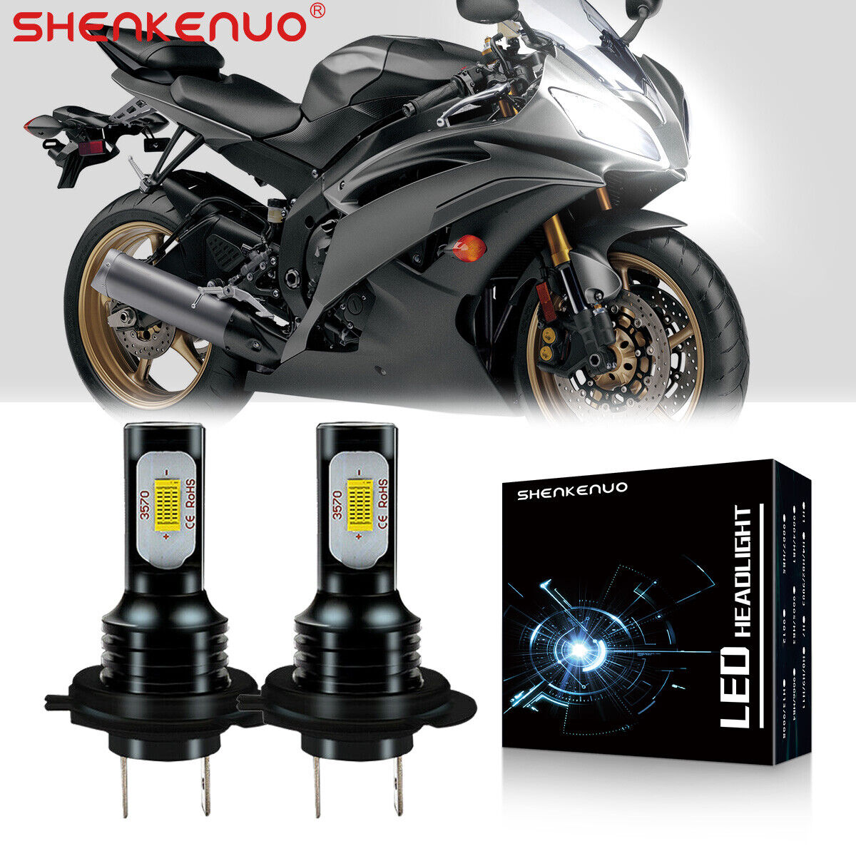 For Yamaha YZF-R6 2003-2015 YZF-R1 2007-2014 LED Headlight H7 Bulbs 6000K White