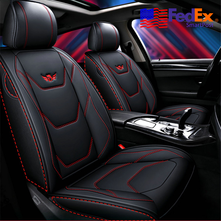 Black Red Line PU Leather Car Seat Covers Full Set 5-Seats Front+Rear Cushion US