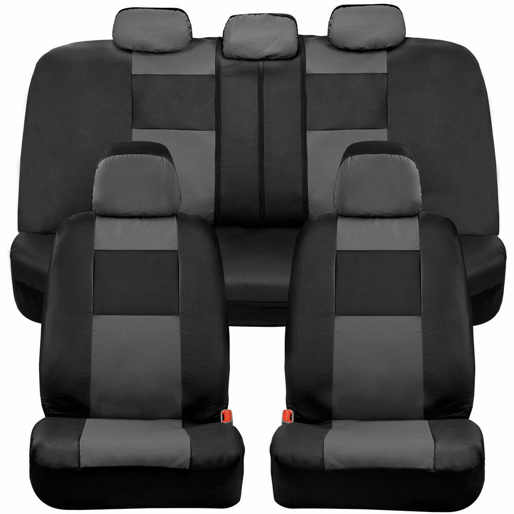 BDK Full Set PU Leather Car Seat Covers - Front & Rear Two-Tone in Black & Gray