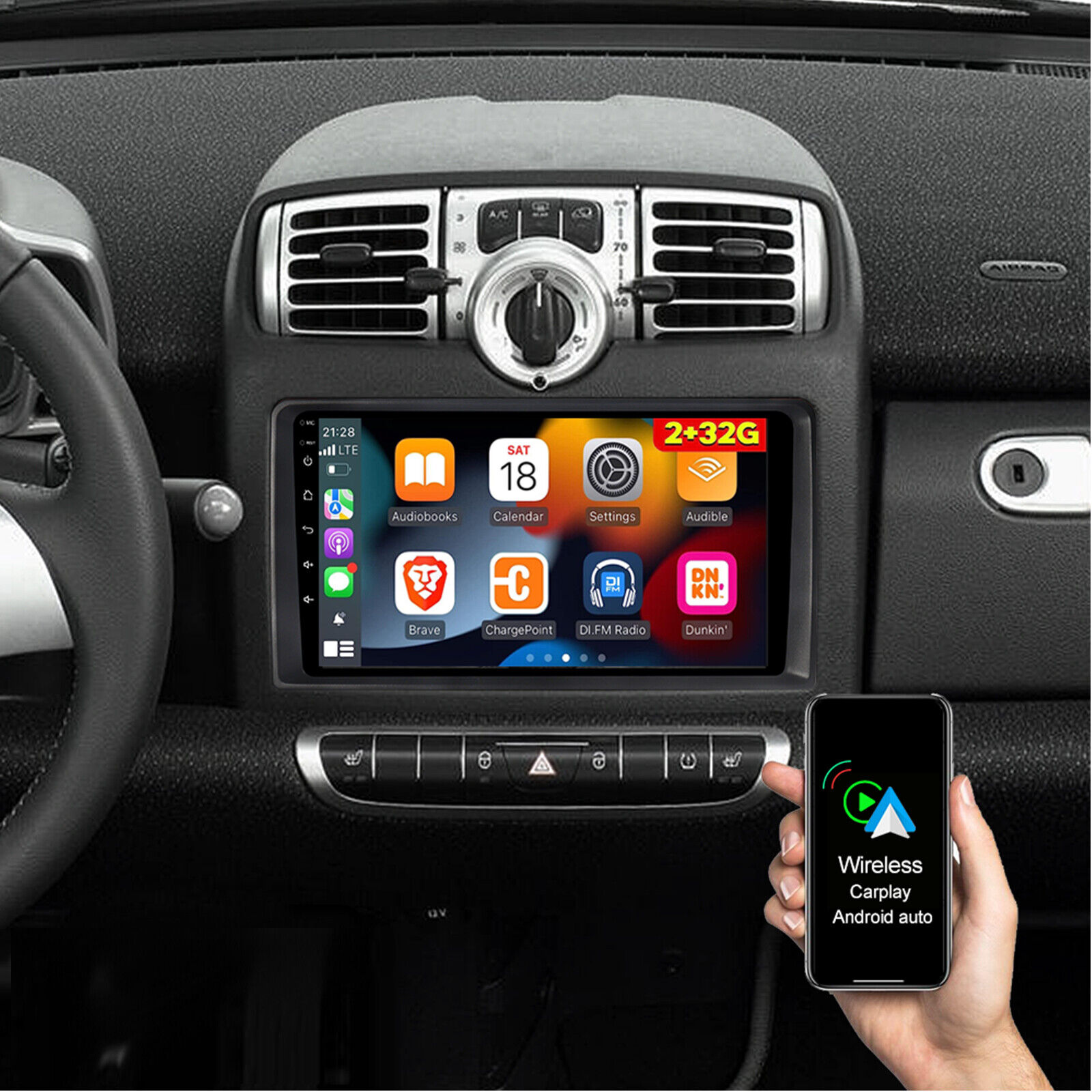 For 2005-2010 Smart Fortwo Apple Carplay Car Radio Android 12 GPS Navi BT 2+32G