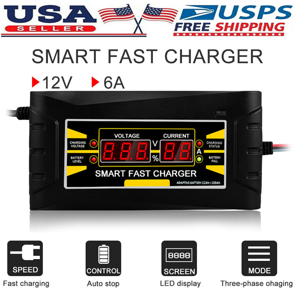 12V 6A Auto Fast Smart Lead-acid GEL Battery Charger For Car Motorcycle LCD USA
